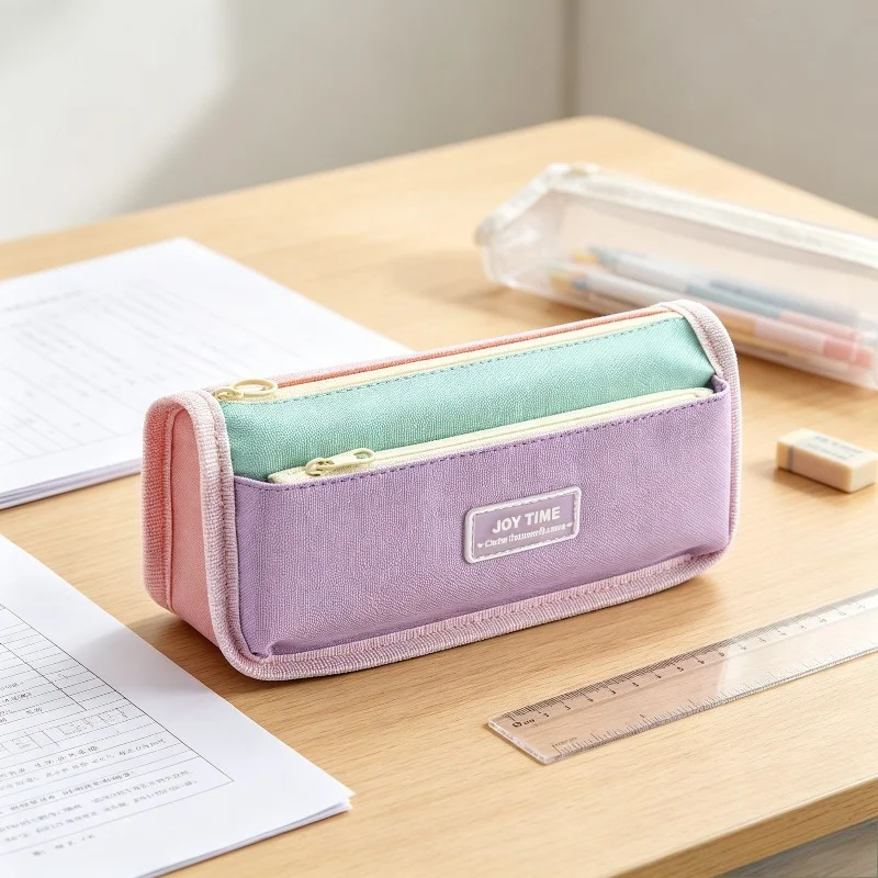 1Pc Color‑Block Double‑Layer Oxford Pencil Case, Large‑Capacity Zipper Pen Bag, Portable Stationery Pouch for School Students