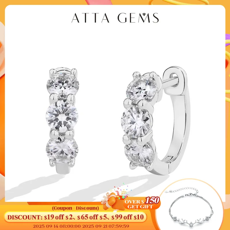 

ATTAGEMS Three Moissanite Diamond Earrings for Women Round Cut 1.8 CTW Hoop Earrings S925 Sterling Silver Wedding Daily Jewelry