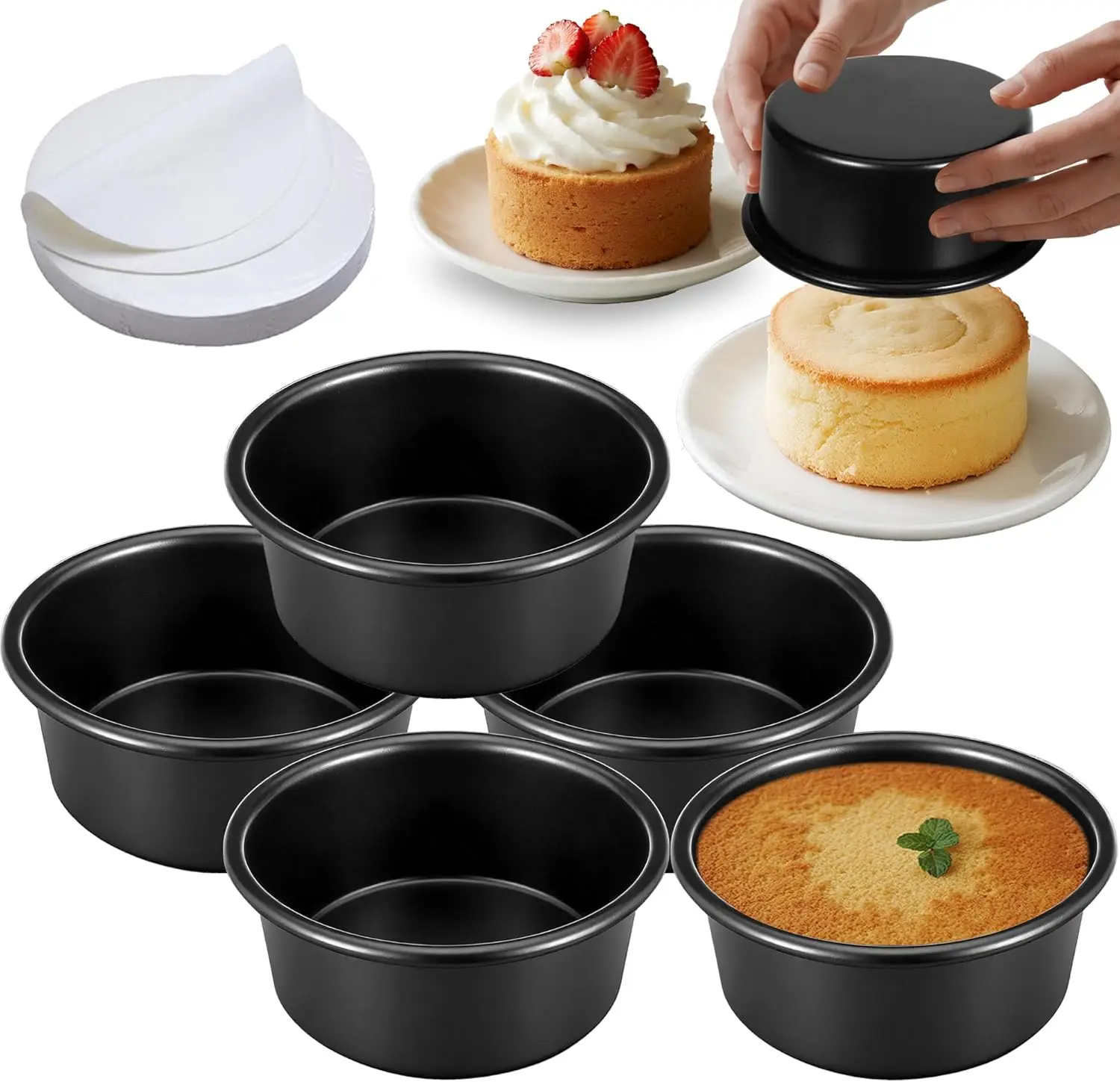 

5-Pack 4 Inch Nonstick Mini Cake Pans with 100 Parchment Papers, Leakproof Round Baking Tins, Aluminum with Food-Grade Coating