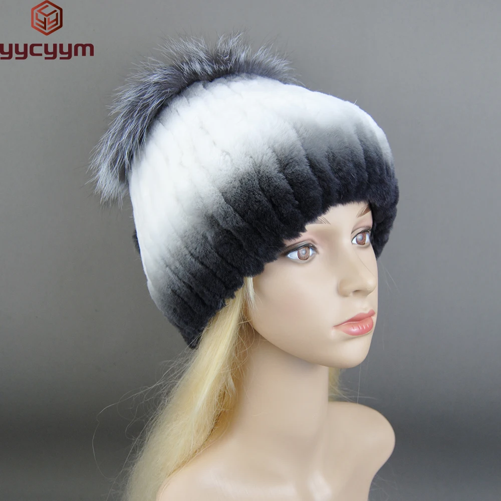 

Hot Sale Russian Women Winter Real Rex Rabbit Fur Hats Floral Warm Natural Rex Rabbit Fur Caps Knitted Lady Top With Fox Fur Hat