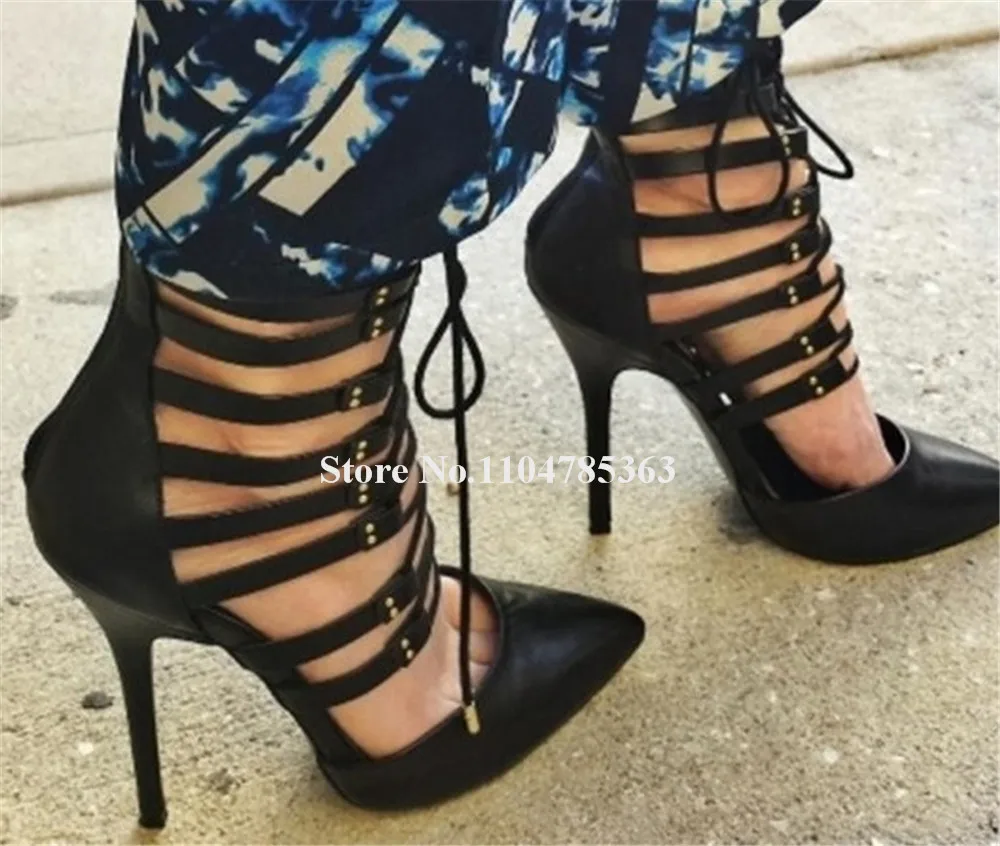 

Fashion Black Matte Leather Straps Cross Stiletto Heel Pumps Pointed Toe Cut-out Lace-up Thin Heel Dress Heels Big Size