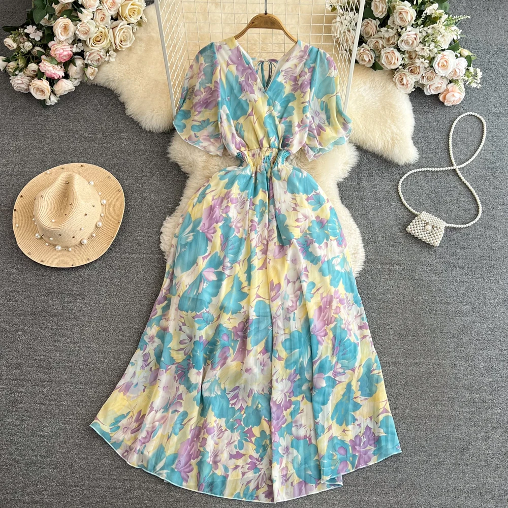 Vestido longo do chiffon amarelo para mulheres, projeto floral, estilo do boho, vintage, pescoço de v, luva curta, ruched, estilo boêmio, verão