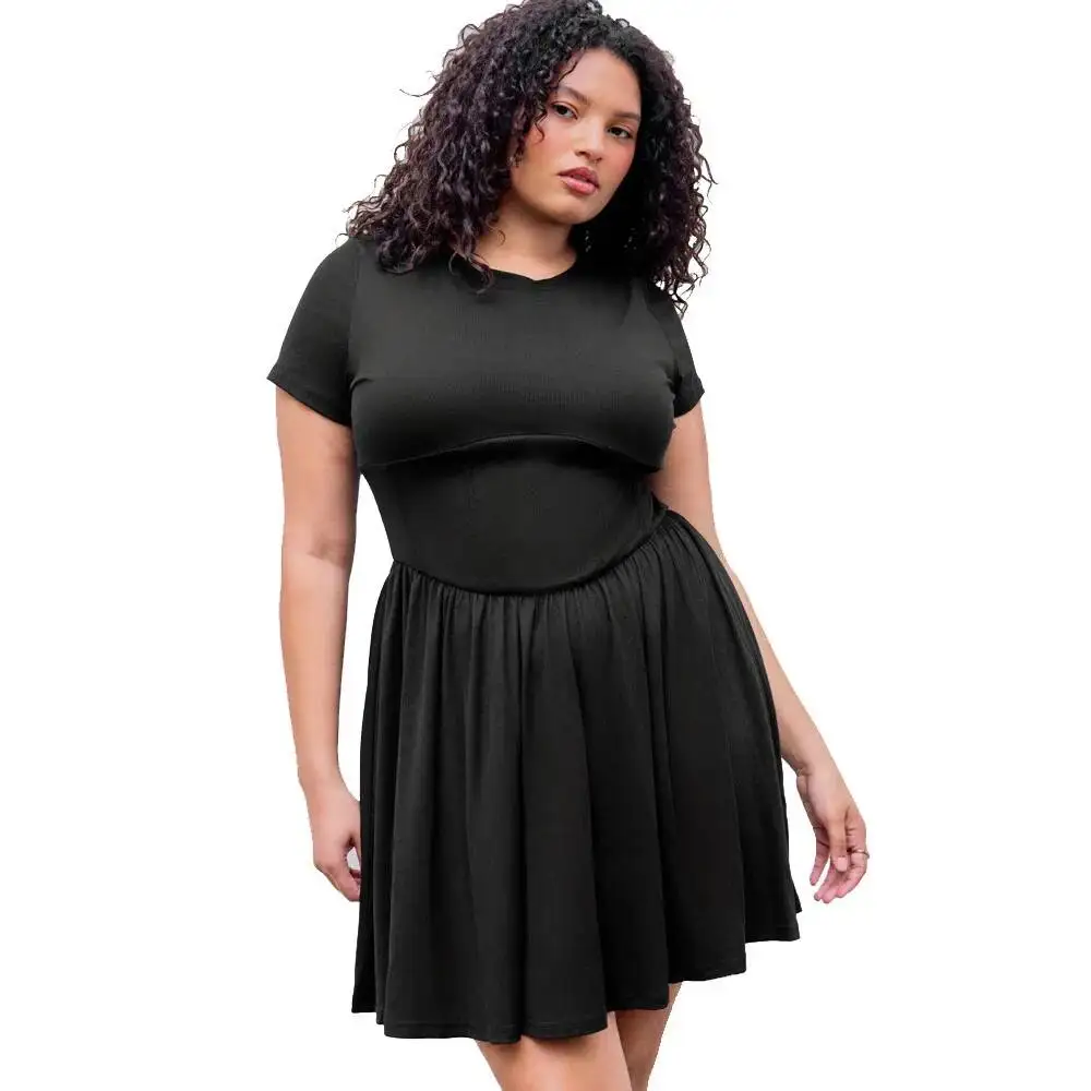Size Women's 2025 Large Temu French Style Waist Cinching Slimming Short Sleeved Fishbone Short Skirt Dress Elegantes Casual Y2k