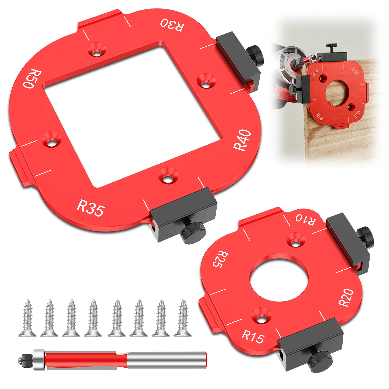 

R10-R50 Aluminum Alloy Round Corner Radius Template Set Router Table Jig for Woodworking Arc Cutting Aid with Removable Clip