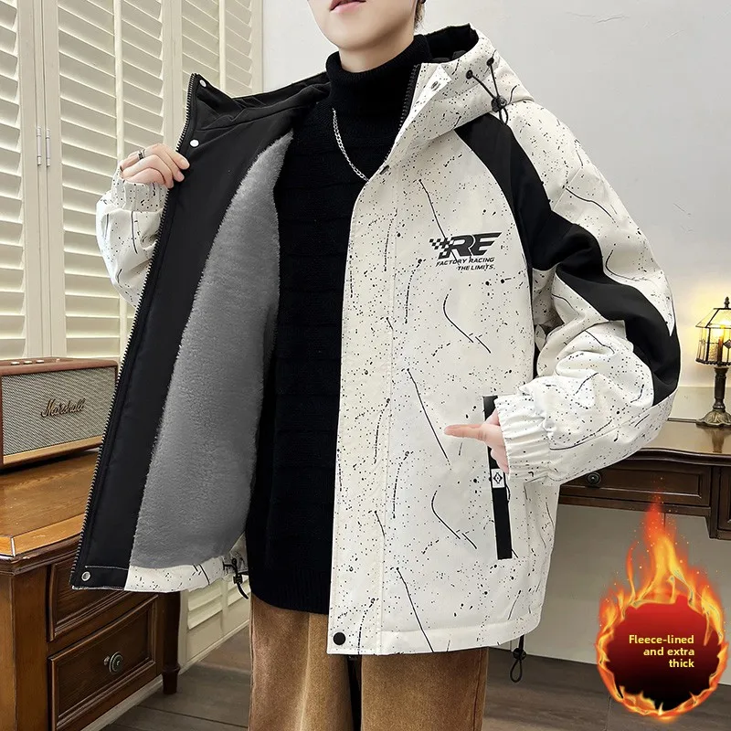 

Thiened Fce Hooded Jaet Men's Casual Sle Winter Warm Outerwear Polyester Fabric Long Sve Zipper Closure Coat