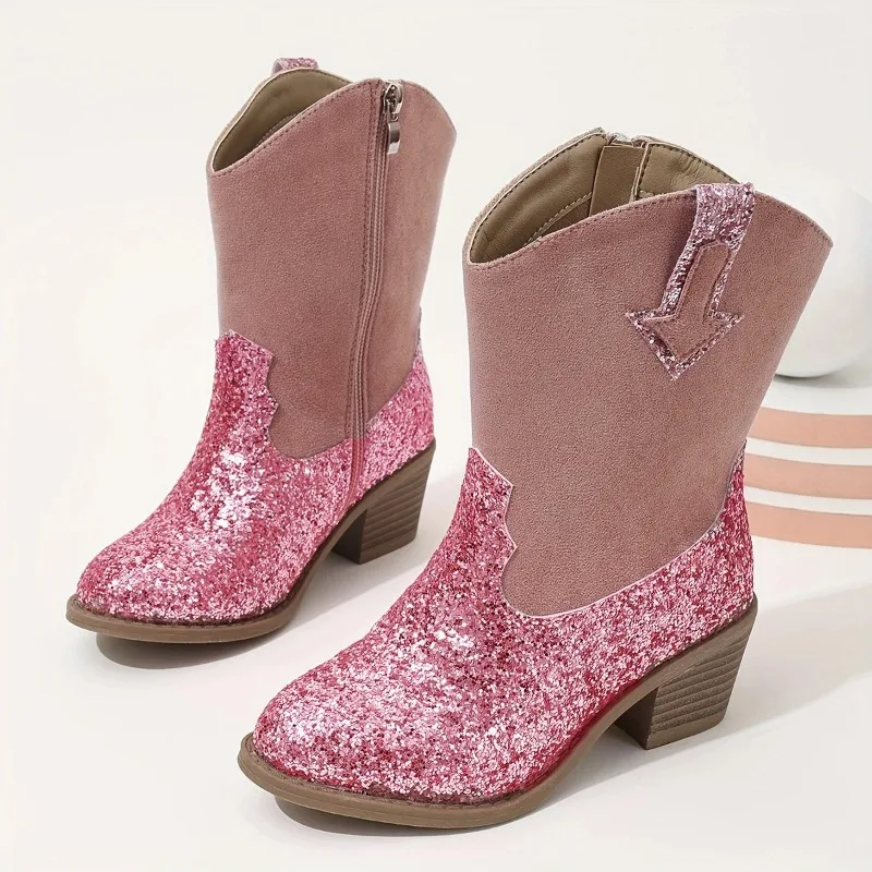 Children's Shoes Round Toe Block Heel Spliced Rhinestone Side Zipper Single Inside Fashion Casual Non-Slip Mid-Tube Girls Boots