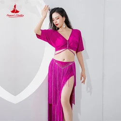 Belly Dance Costume Set for Women Cotton Short Sleeves Top+Hot Drilling Tassels Skirt 2pcs Female Oriental Belly Dancing Outfit
