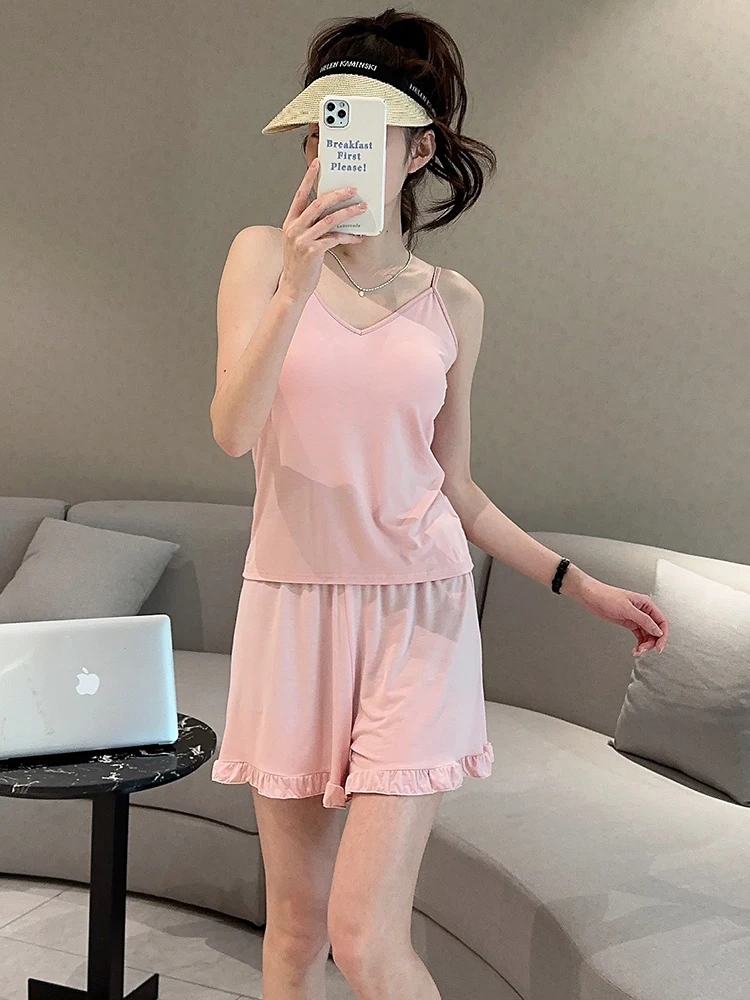 Ensemble de vêtements à bretelles modales pour femmes, vêtements de maison décontractés, sans soutien-gorge, haut orts, léger, rond, Design Ne, été