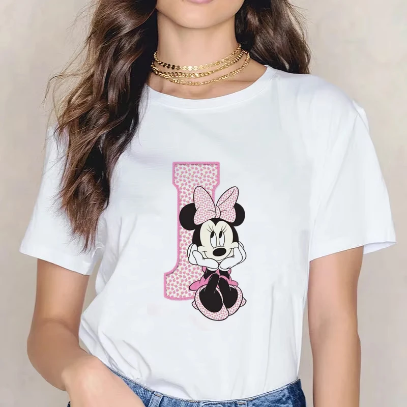 

Fun 26 Capital Letter A-Z Printed T-shirt Women Kawaii Minnie Mouse Short Sleeve T Shirt Gothic Round Neck Casual Clothing Tops