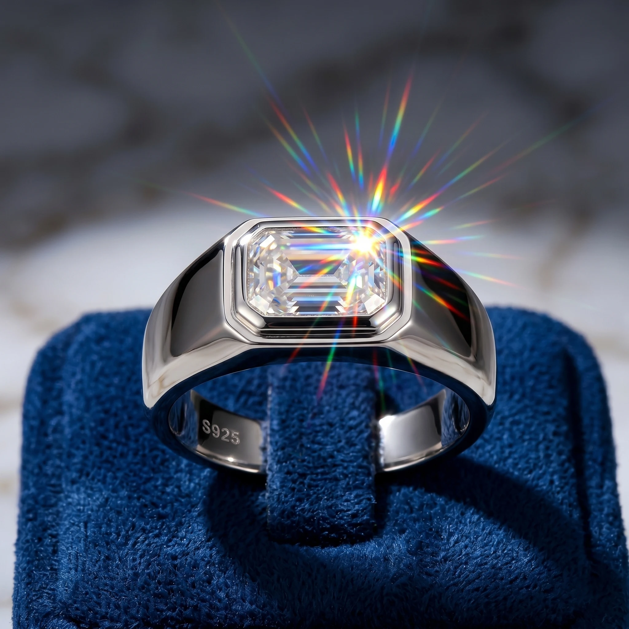 2 Karat Smaragdschliff Moissanit-Ring, D-Farbe VVS1, 925 Silber, Breiter Schwerer Ring, Herren Business, Zertifizierte Qualität