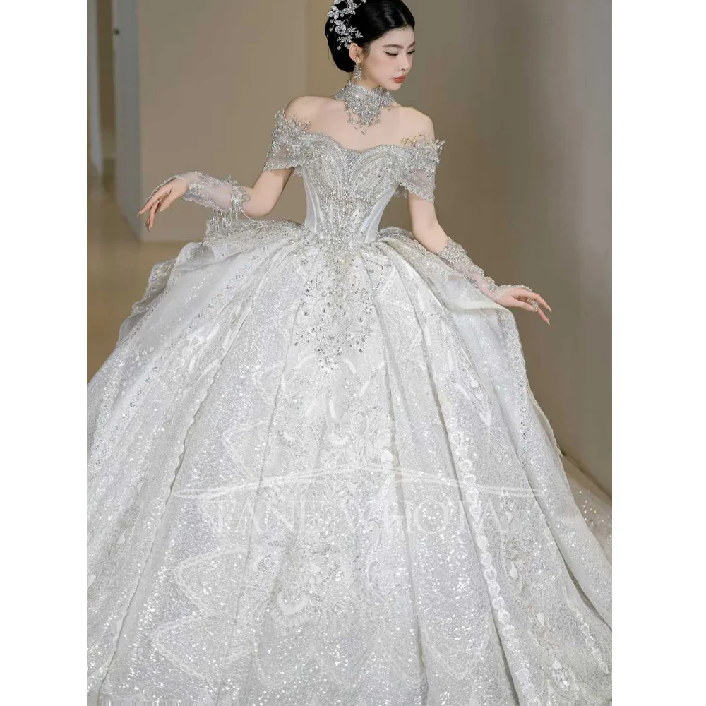 Robe de mariée personnalisable en dentelle chérie, épaules dénudées, robe de mariée à paillettes et perles