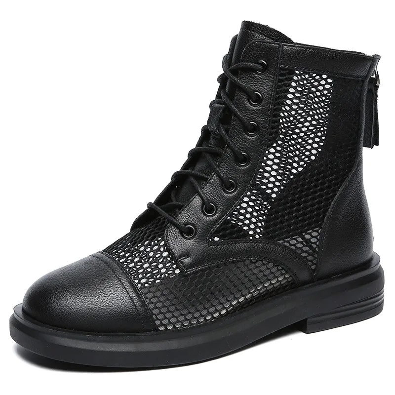 Spring and Summer New Style Leather Mesh Boots - Trendy Slim Boots with Mid-Calf Length - Women's Single Boot