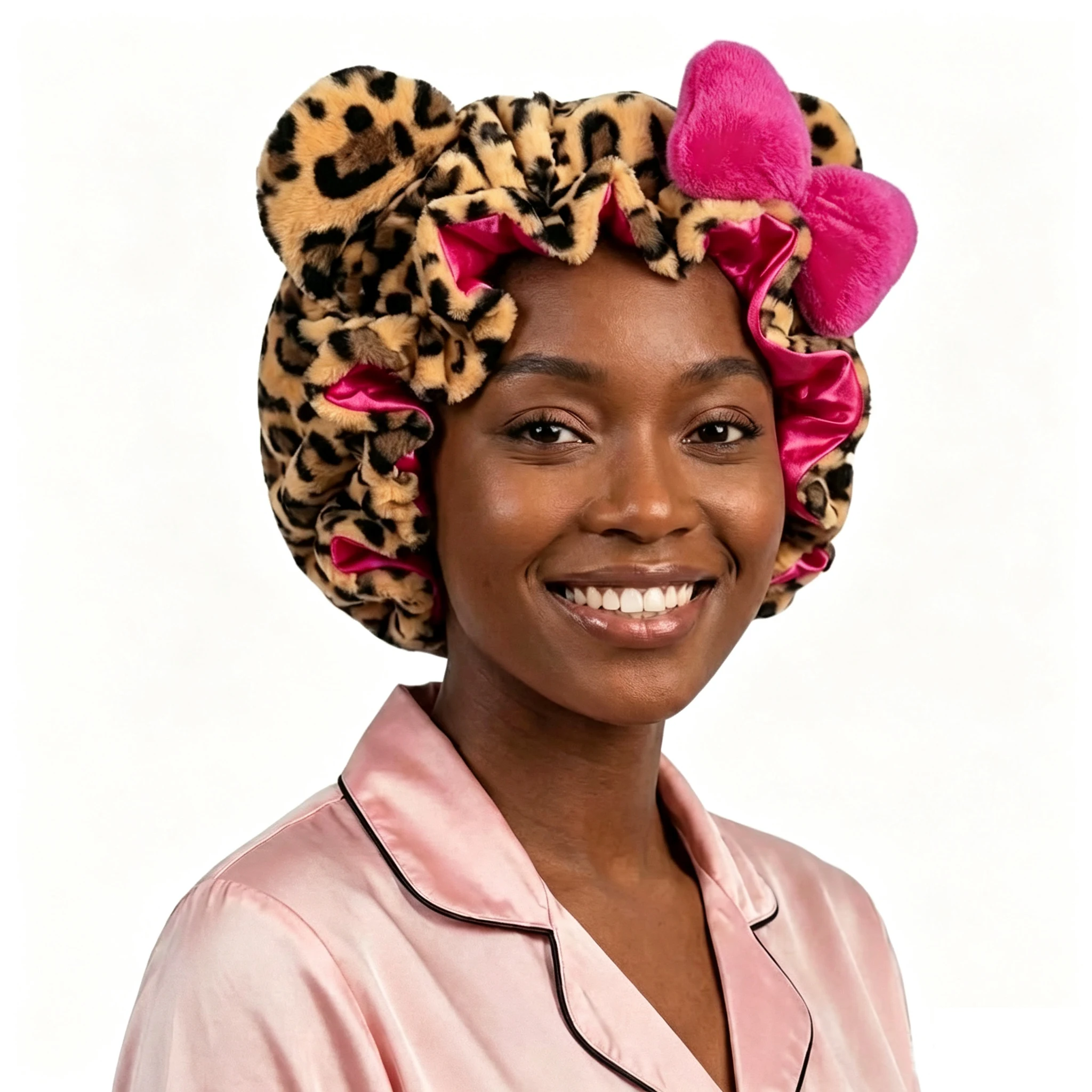 Leopard Print Teddy Plush Hair Bonnet with Big Bow, Satin Lined Soft Fluffy Night Sleep Cap, Adjustable Bear Ear Hair Wrap - view 6
