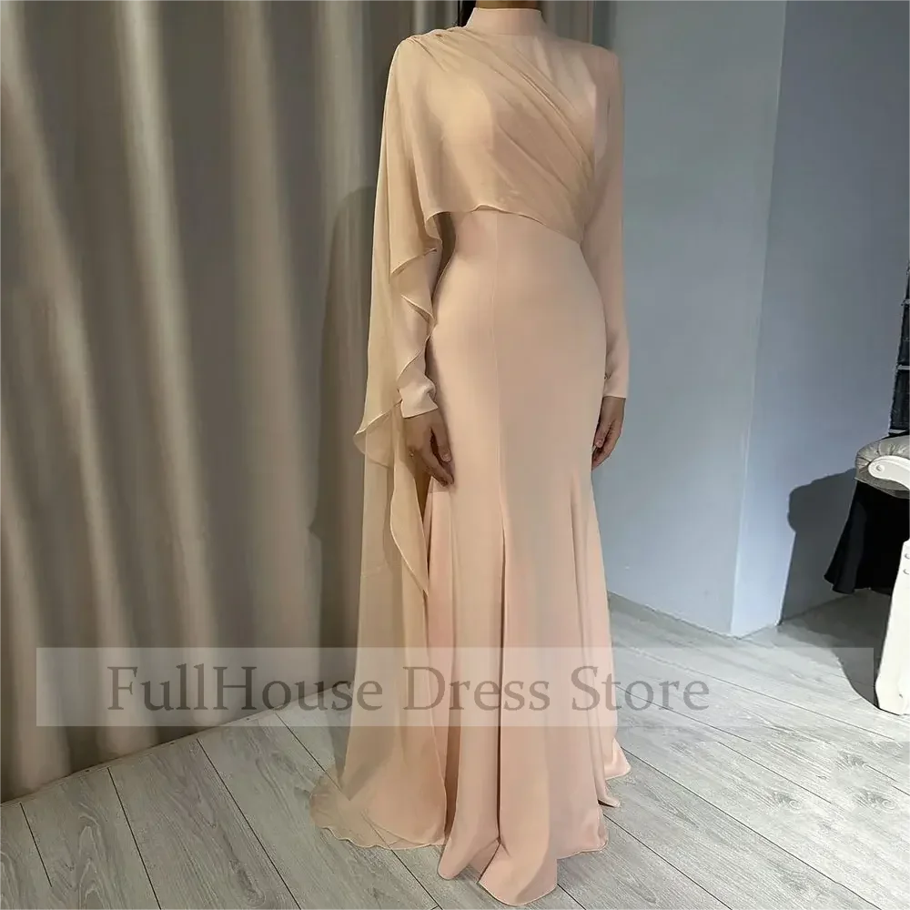 

Bespoke Occasion Classic Jersey Pleated Sheath Bridal Evening Gown Long Sleeve Floor Length Length Saudi Arab Dress with Train