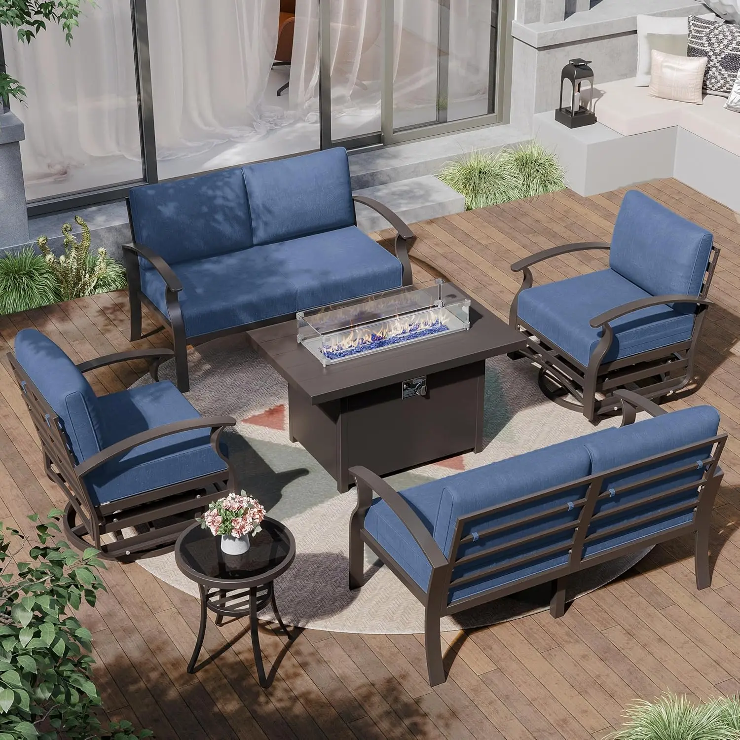 

6-местный алюминиевый комплект для патио с 45-дюймовым столом-очагом на пропане, вращающимися креслами-качалками и секционными подушками 5,1 дюйма, на заказ