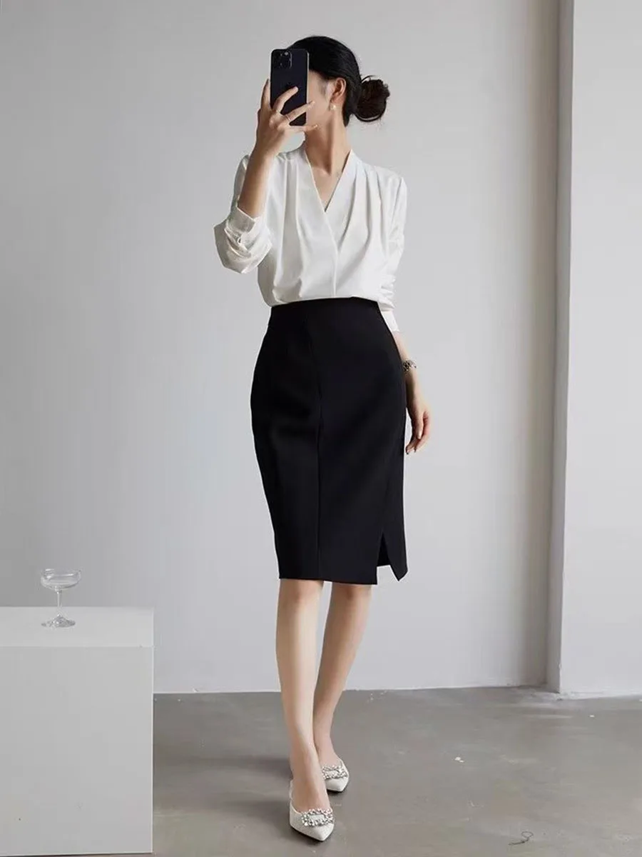 Autumn New Women's Chiffon White V-neck Blouse Long-sleeved White Temperament Office Lady Top Elegant Female Commuter Shirt Chic