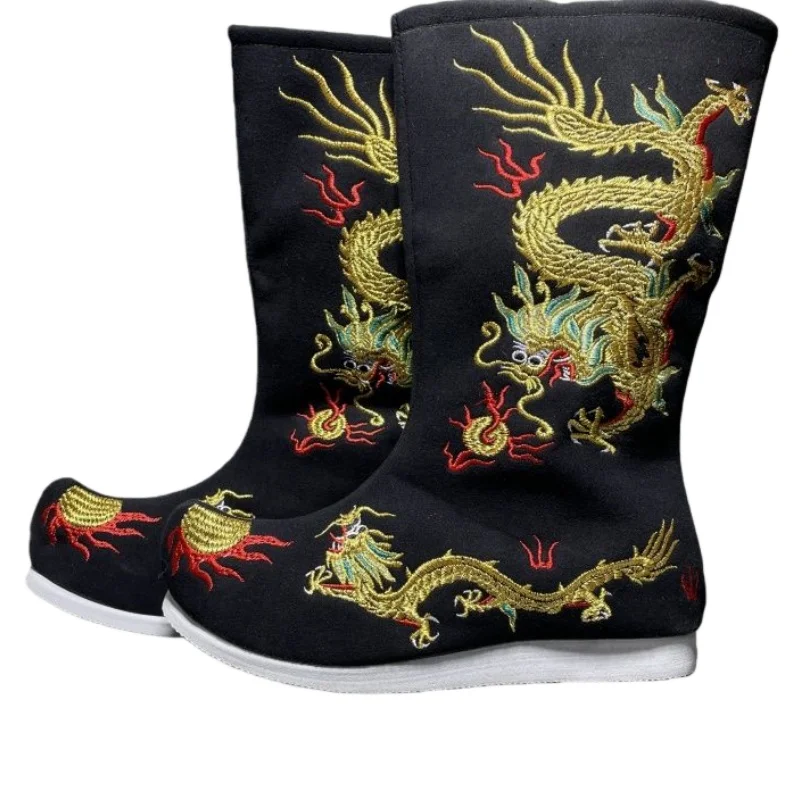 Black Emperor Embroidery Dragon Boots Chinese Opera Emperor Adults Flat Boots Court Boots TV Movie Play Stage Performance Shoes