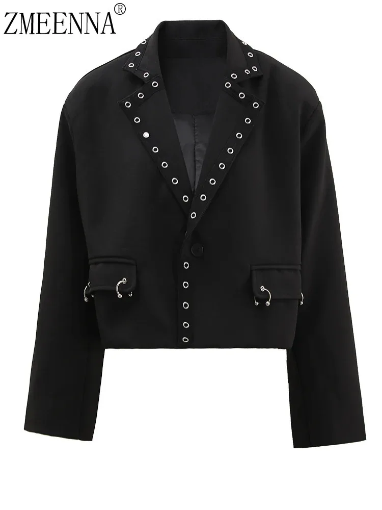 ZMEENNA Black Rivet Big Size Casual Short Blazer Women New Lapel Long Sleeve Jacket Fashion Tide Spring Autumn 2024 ZM228