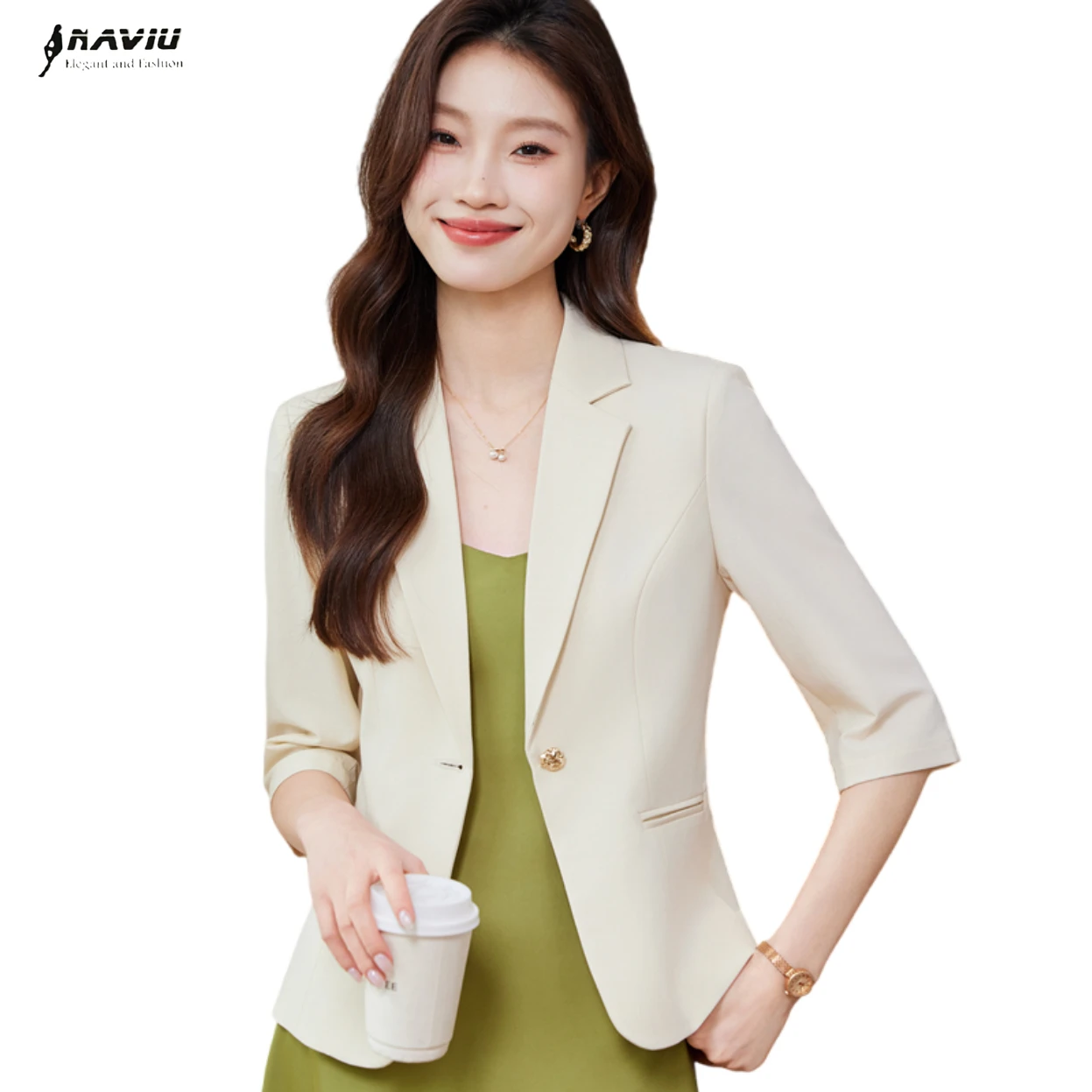 

NAVIU Elegant Spring Summer Blazer Women 2025 New Temperament Single Button Office Lady Half Sleeve Jacket Coat