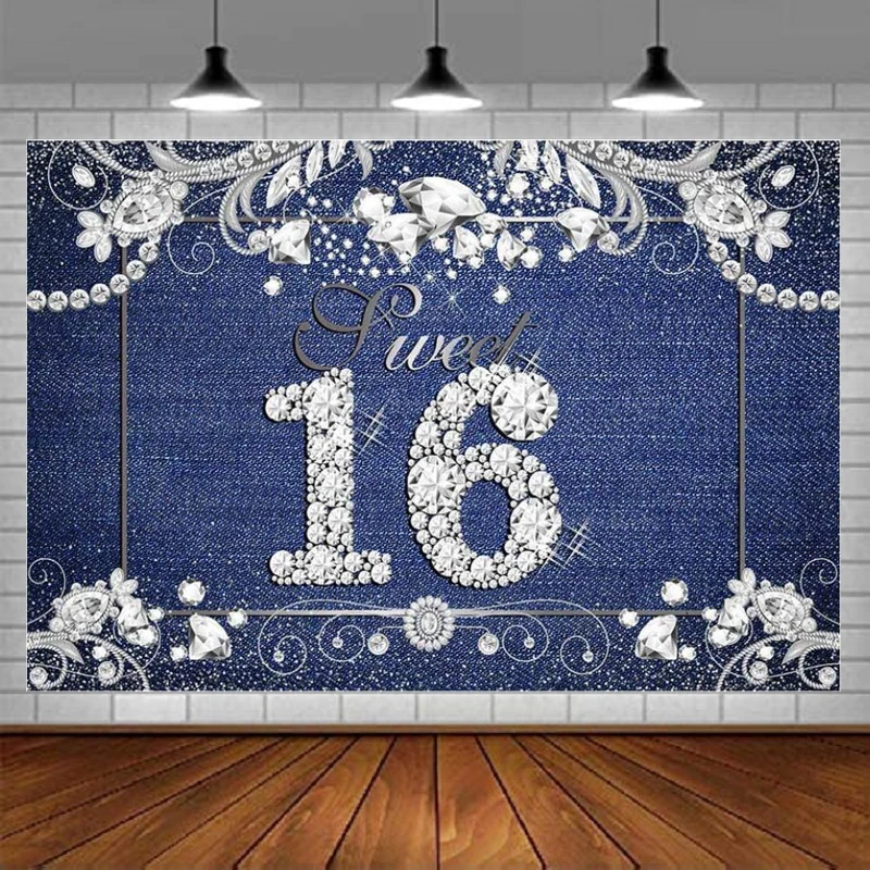 

Photography Backdrop Sweet 16 Denim And Diamonds Themed Girl Happy Birthday Party Decorations Photo Studio Background Banner