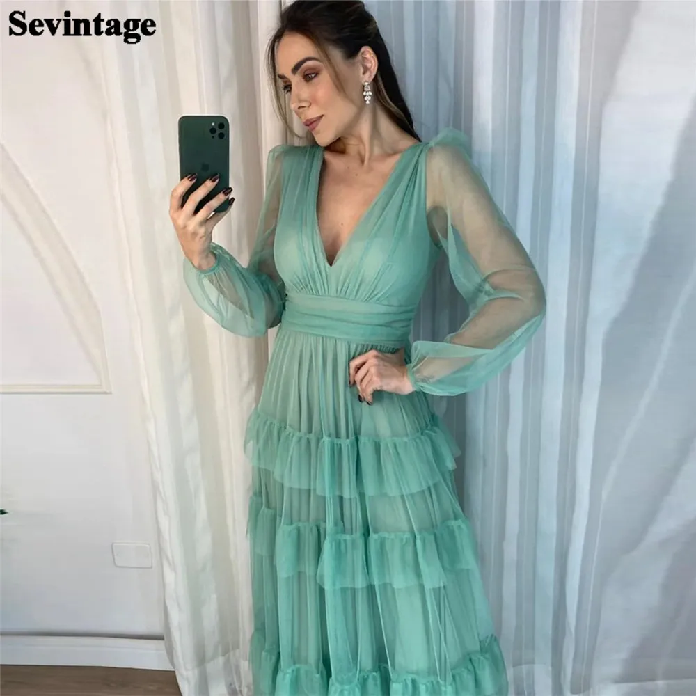 

Sevintage Light Green Chiffon Evening Dresses Deep V-Neck Tiered Pleat Ruched Long Puff Sleeve Women Prom Dresses for women 2023