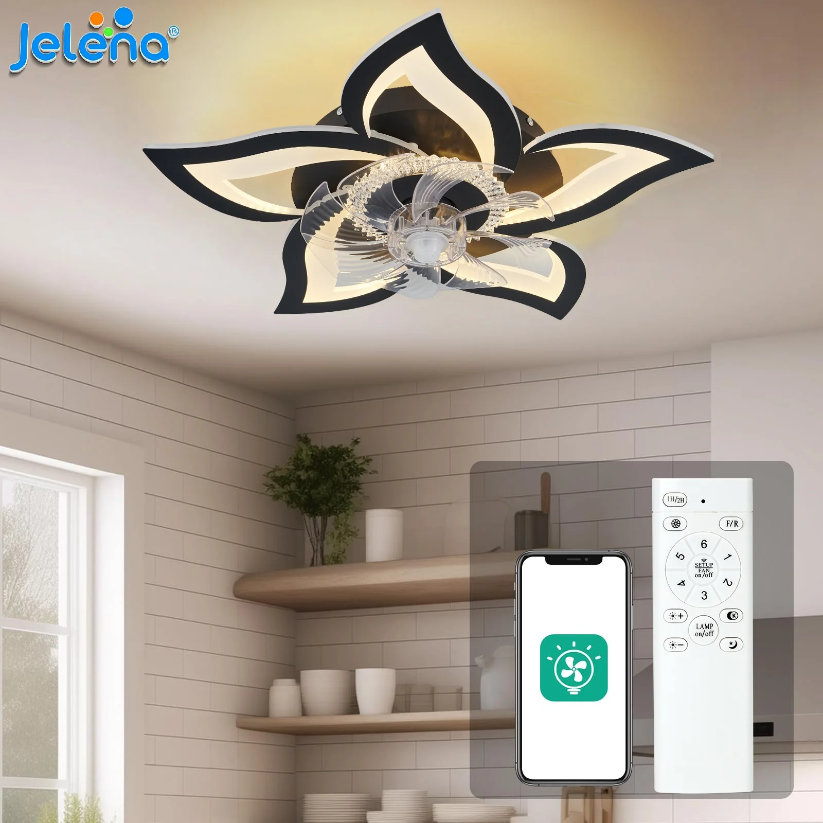 Ventilateur de plafond avec lampe Jelena Diseño Floral pour salon et chambre à coucher, moderne, à économie d'énergie, avec télécommande, réglable par application, 6 vitesses, moteur réversible.