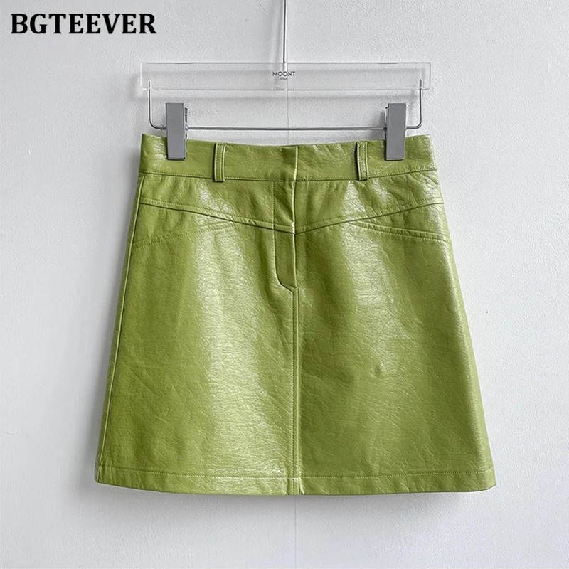 BGTEEVER Spring High Waist Slim Ladies PU Leather A-line Skirts Elegant Green Women Mini Skirts