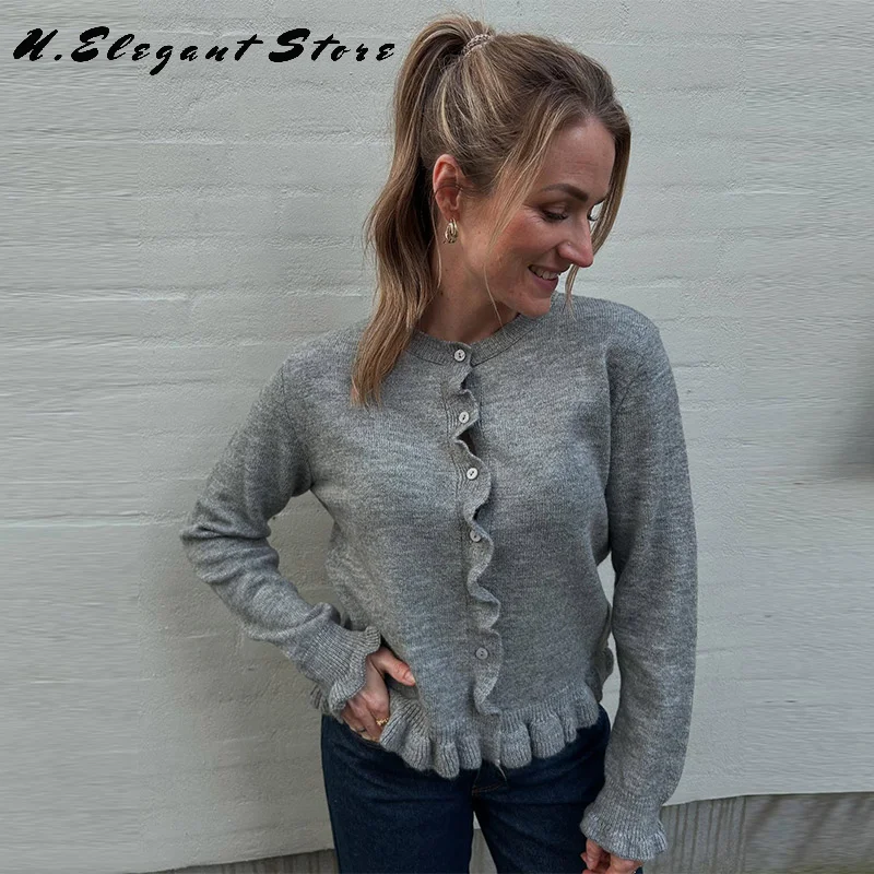 

Ruffled Hem Solid Knitted Cardigan For Women Single Breasted Full Sleeve Casual Soft Sweater 2025 New Lady Autumn Winter Outwear