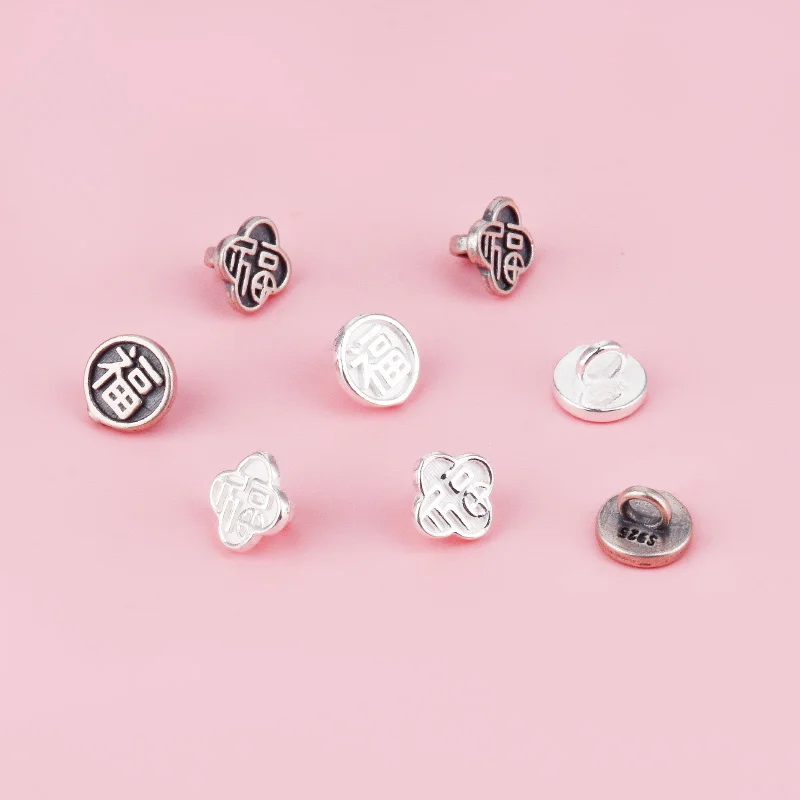 زر نهاية صغير عتيق من الفضة الإسترليني S925، مشبك دائري من الدانتيل بأربع أوراق "Fu" حبل مضفر ذاتي الصنع #1