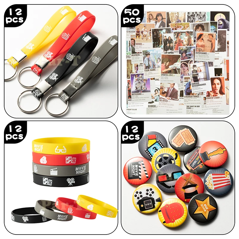 100Pcs Movie Night Party Supplies Kit Theater Element Bracelet Keychain Badge Classic Film Photo Wall Decor Party Gift for Teens