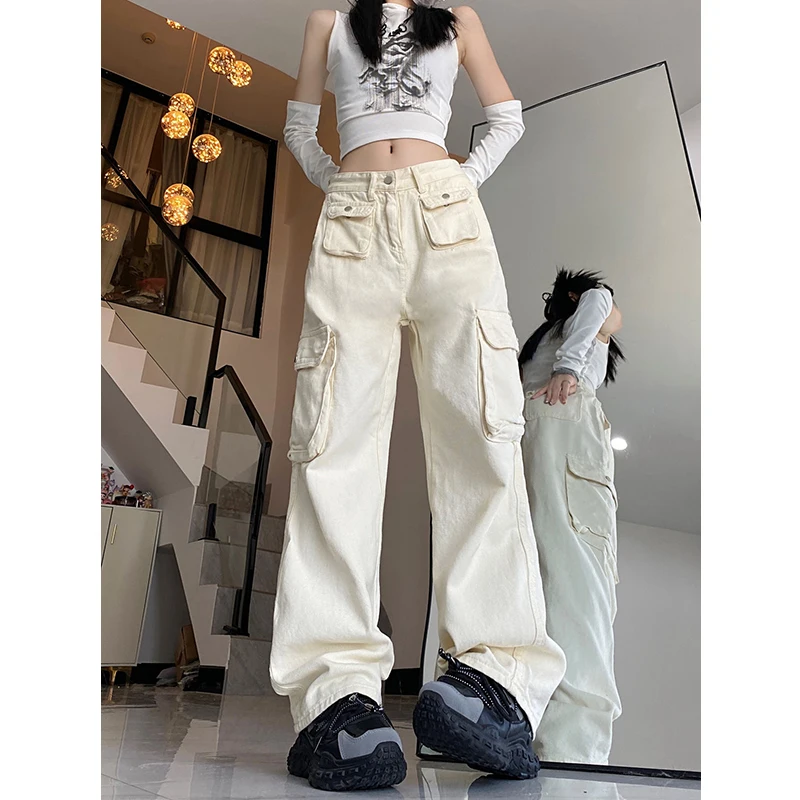 White Cargo Jeans for Women Street Style Multi Pocket Loose Straight Leg Pants 2024 High Waist Jeans Women's Clothing