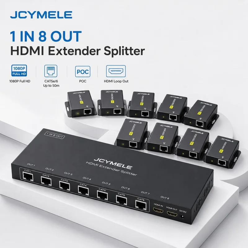 1-in-8-Out HDMI Extender Splitter over Cat6/7, 1080P 60Hz with Loop Out & EDID up to 50m/165ft for TV PC Monitor JCYMELE