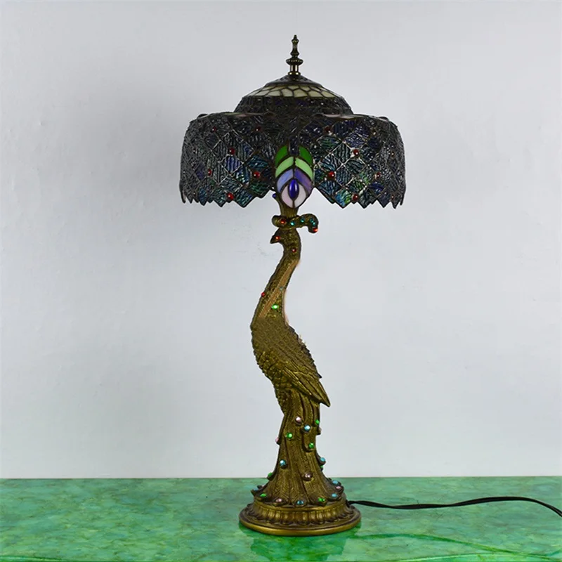 TEMOU Tiffany Table Lamp Peacock Contemporary Retro Creative Decoration LED Light For Home