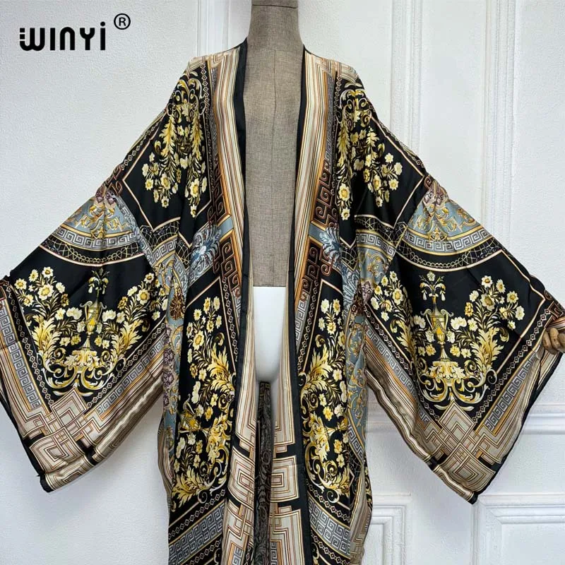 WINYI Kimono kobiety lato nowy nadruk sweter z długim rękawem bluzka damska luźna abaja Casual okrycie plażowe sukienka boho imprezę kaftan