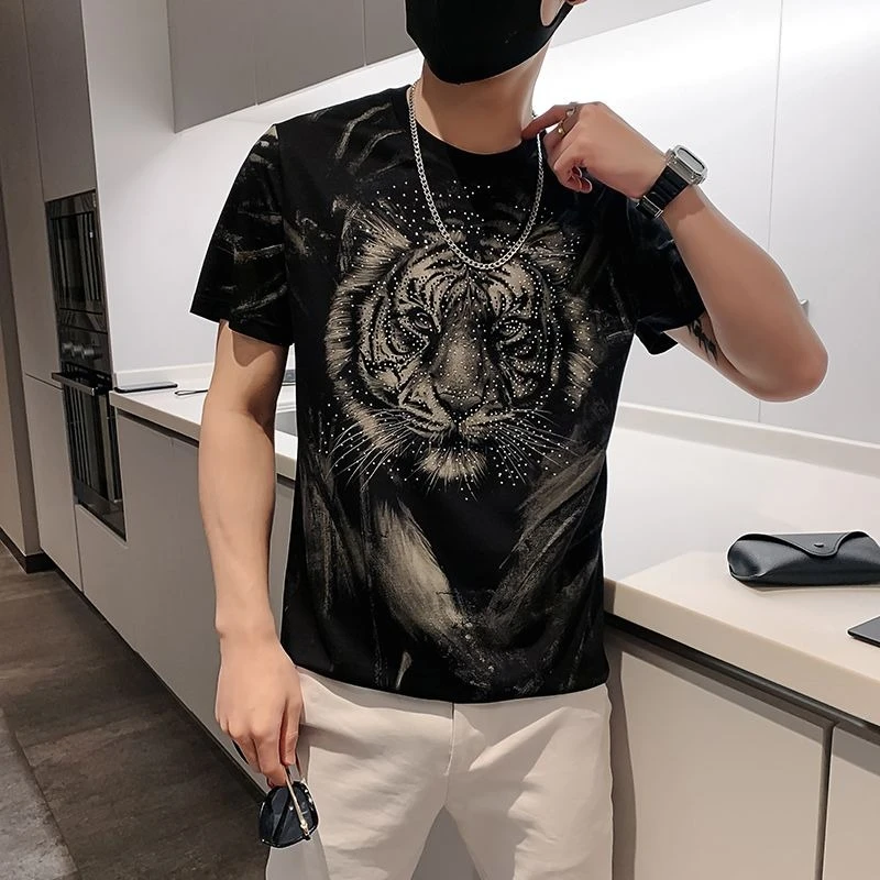 Men's Summer Short Sleeve Rhinestone Tiger Head Print T-Shirt Fashion Streetwear Viral Trendy Top​