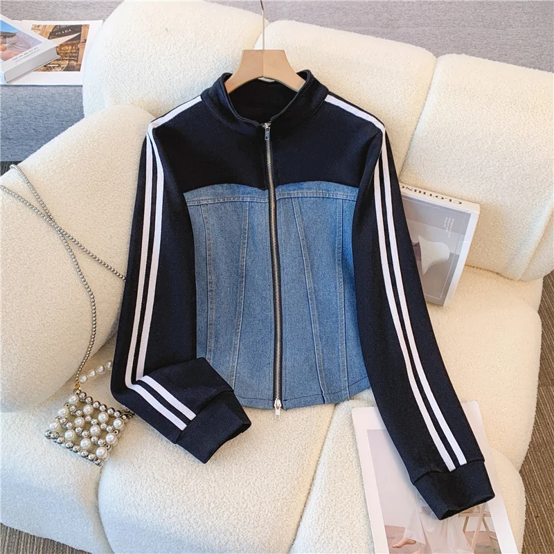2024 New Spring Women Fashion Casual denim Striped Straight Leg Pants Loose Long Sleeves Zipper Stand Collar Jackets Outerwear