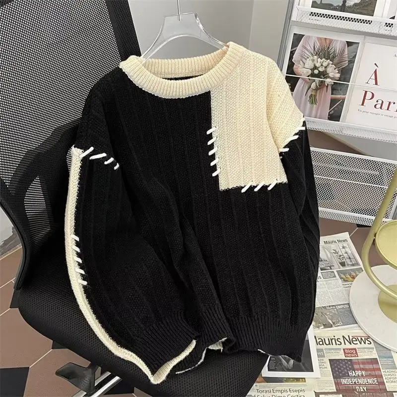 

Men's Contrast Mink Cashmere Sweater O-neck Pullover Knitted Large-size Sweater Winter New Long-sleeved High-end Sweater D99