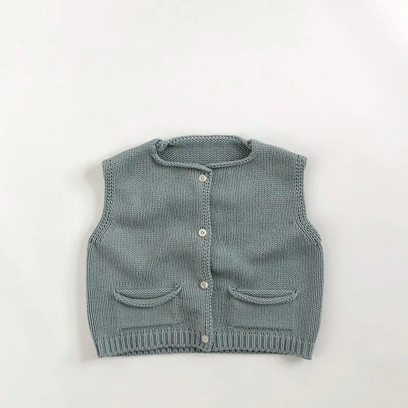 2024 Autumn New Children Sleeveless Knitted Vest Boys Solid Casual Sweater Coat Kids Girls Windproof Vest Jacket Baby Clothes