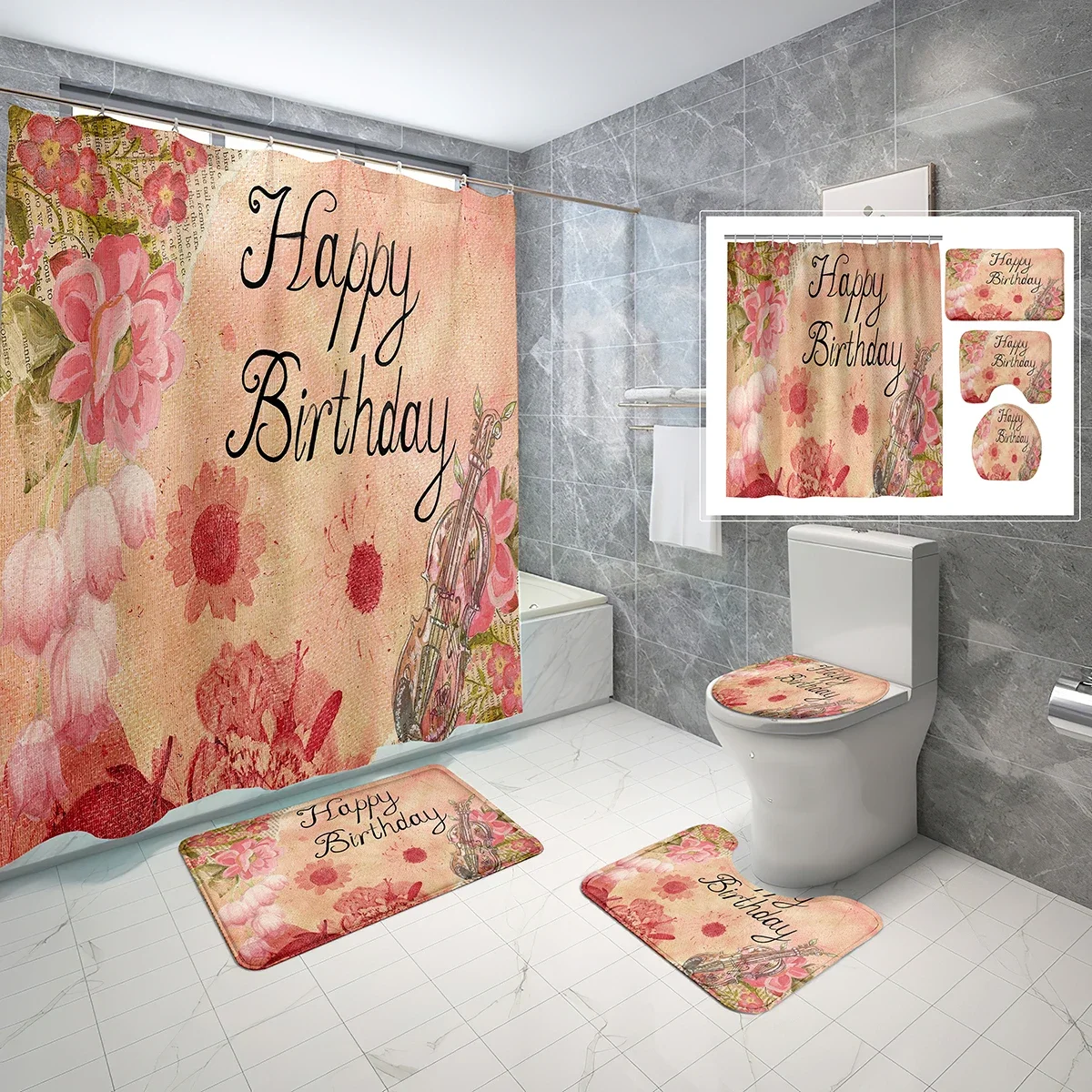 

Happy Birthday Theme Shower Curtain Sets 4 Pcs Simple for Birthday Non-slip Bath Mat Toilet Lid Waterproof Shower Curtain Set