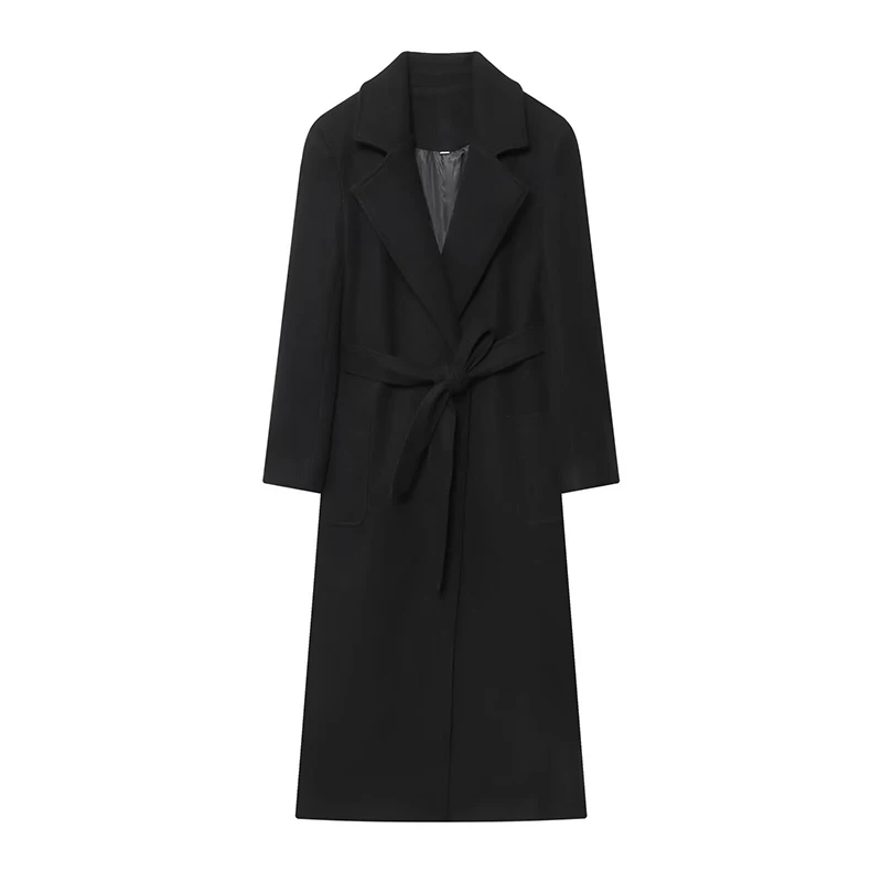 

YENKYE 2025 Women With Belt Black Wool Blended Long Coat Front Button Lapel Collar Autumn Winter Warm Elegant Outerwear