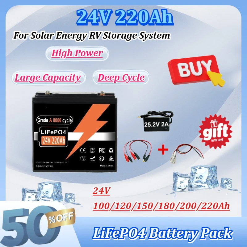 New 24V LiFePO4 100Ah 120Ah 150Ah 180Ah 220Ah 200Ah Rechargeable Lithium Battery Pack for Solar Energy RV Storage System