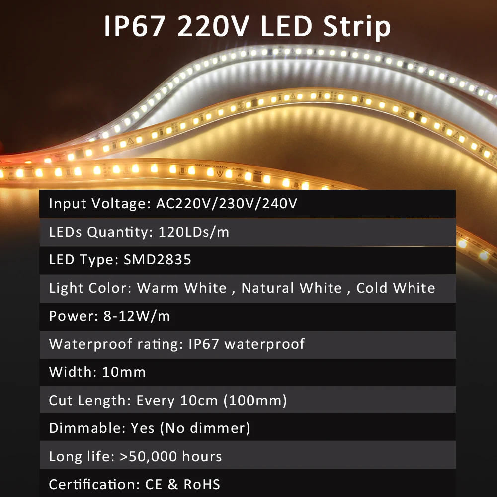 220 فولت LED قطاع ضوء SMD2835 120 المصابيح/م مصباح شريط مقاوم للماء مع الاتحاد الأوروبي التوصيل 1 متر 2 متر 3 متر 5 متر 10 متر 15 متر 20 متر إضاءة ديكوريّة للفناء #3