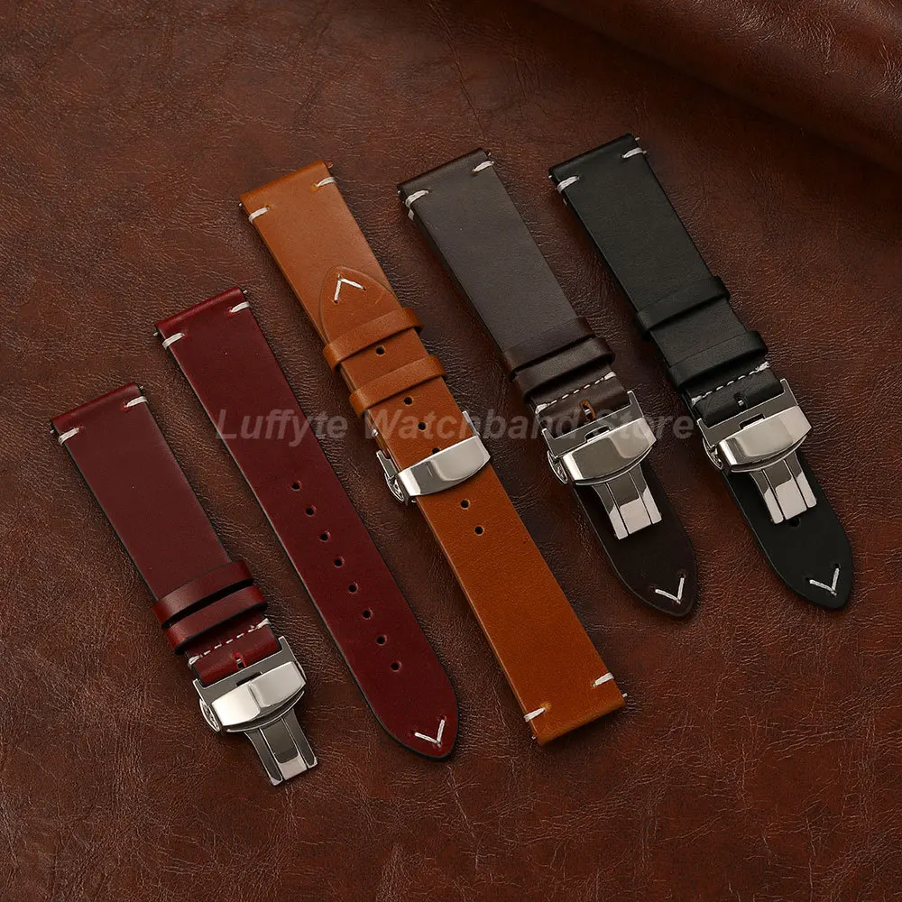 Men Universal Oil Wax Leather Watch Band With Butterfly Buckle Quick Release Spring Bar 18mm 20mm 22mm Comfortable Wristband image 5