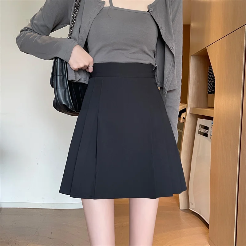 

Женская короткая юбка больших размеров с высокой талией, А-силуэт, плиссированная, не просвечивающая, скрывающая бедра, в корейском стиле, для повседневной носки