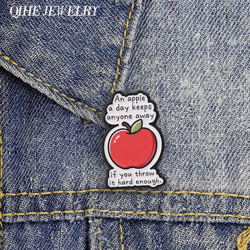 An Apple A Day Keeps Anyone Away If You Throw It Hard Enough Enamel Pin Humor Twist Proverb & Red Apple Brooch Introvert Badges