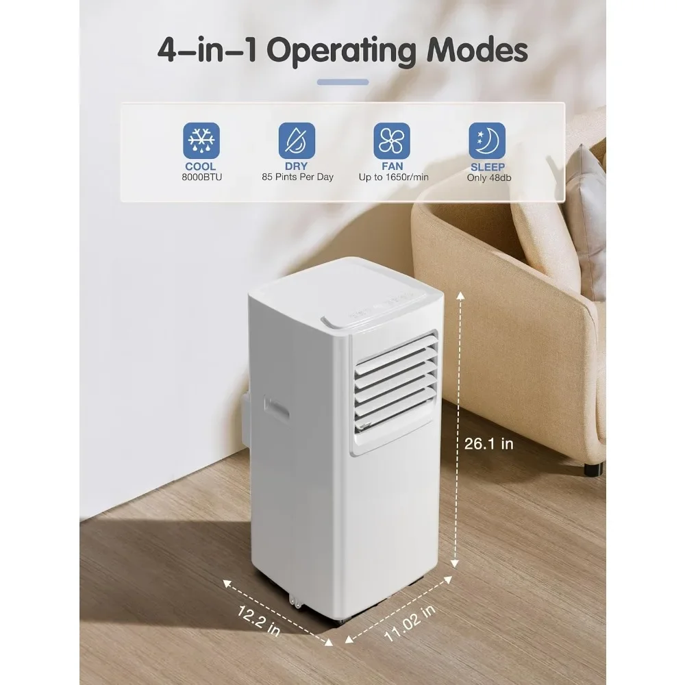 8000BTU aire acondicionado 4 en 1 con ventilador y deshumidificador, potente área de Refrigeración de hasta 350 pies cuadrados, aire acondicionado portátil