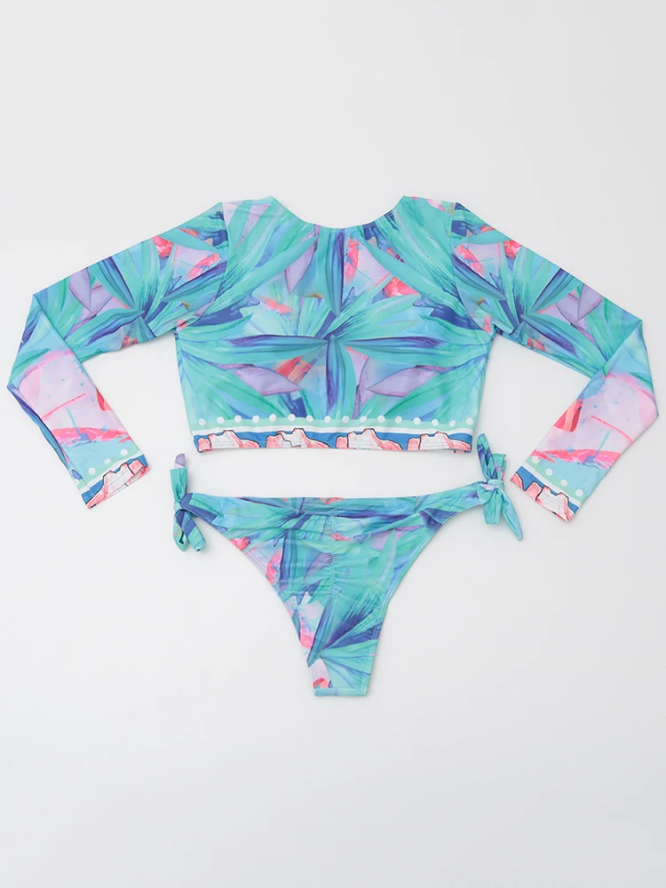 2023 New Sexy Print Long Sleeve Swimwear Women Swimsuit Female Two Pieces Bikini Low Waist Bathing Suit Beachwear Swimming Suit