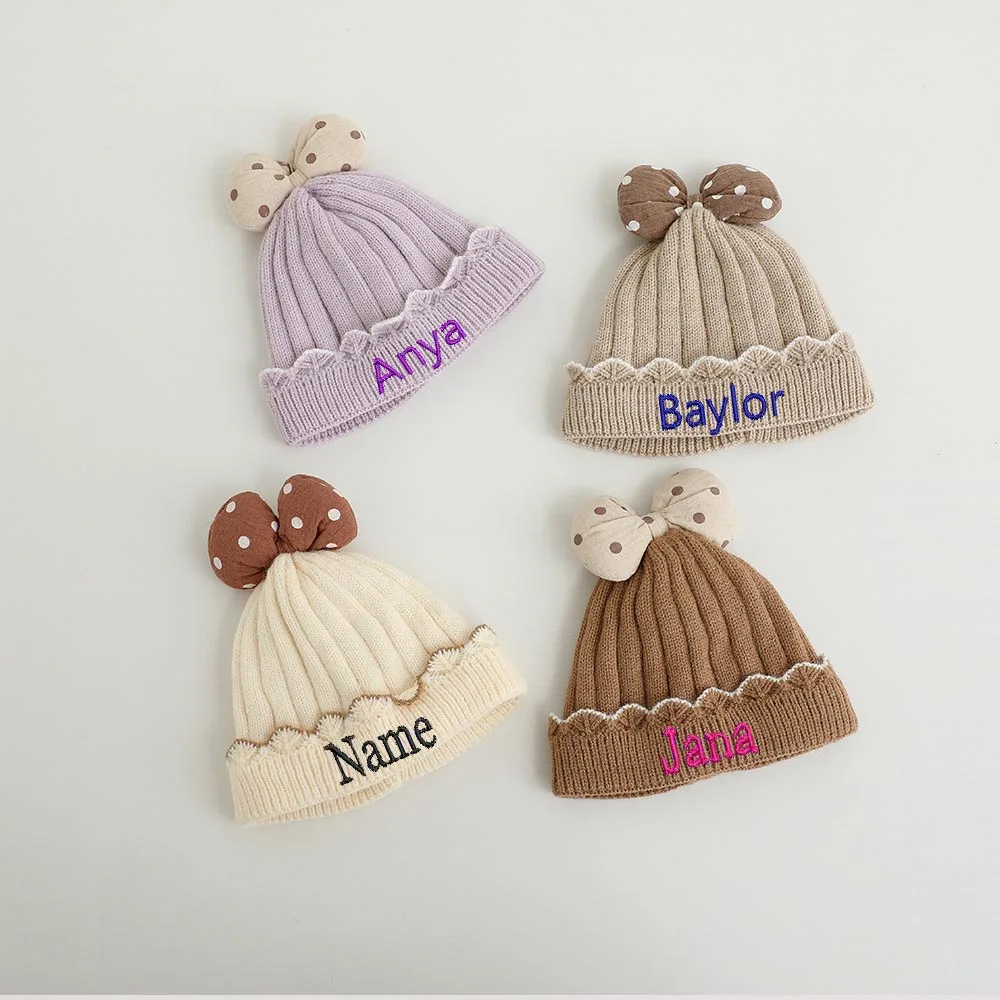 

Name Customized Embroidery Bow Girl Knitted Wool Hat Autumn/Winter Baby Hat Winter Cute Baby Warm Knitted Hat