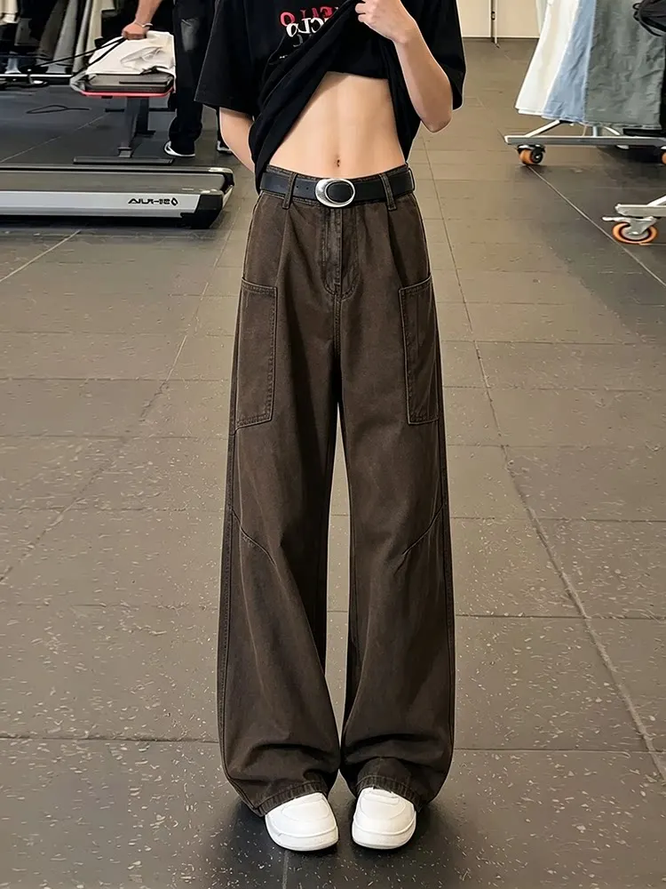 Slim Fit Men's Denim Jeans Side Cut Workwear Pants Coffee Color High Street Style Straight Leg Heavy Duty Casual Trousers