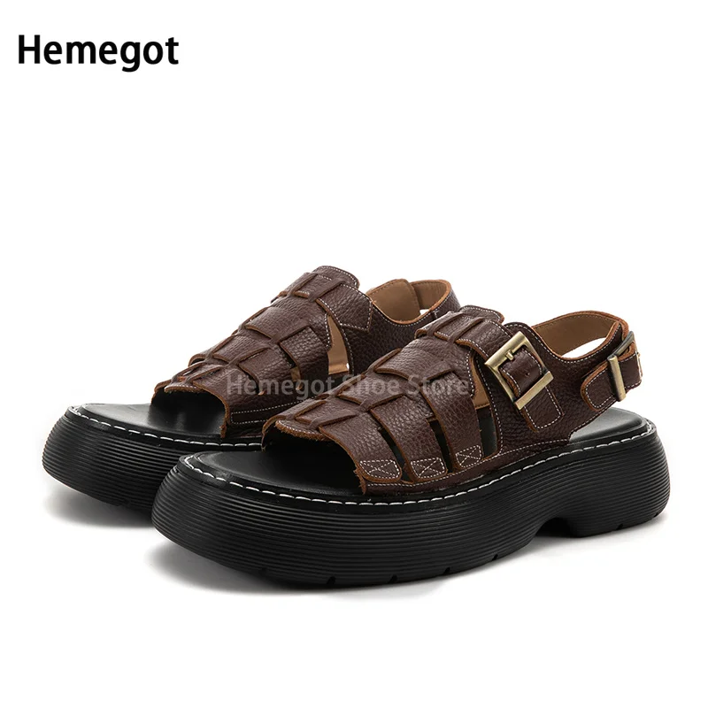 

Men's Sandals Summer Leather Soft Soled Non-Slip Beach Shoes Top Quality Cowhide Sandals Beach Shoes Male Platform Sandalias